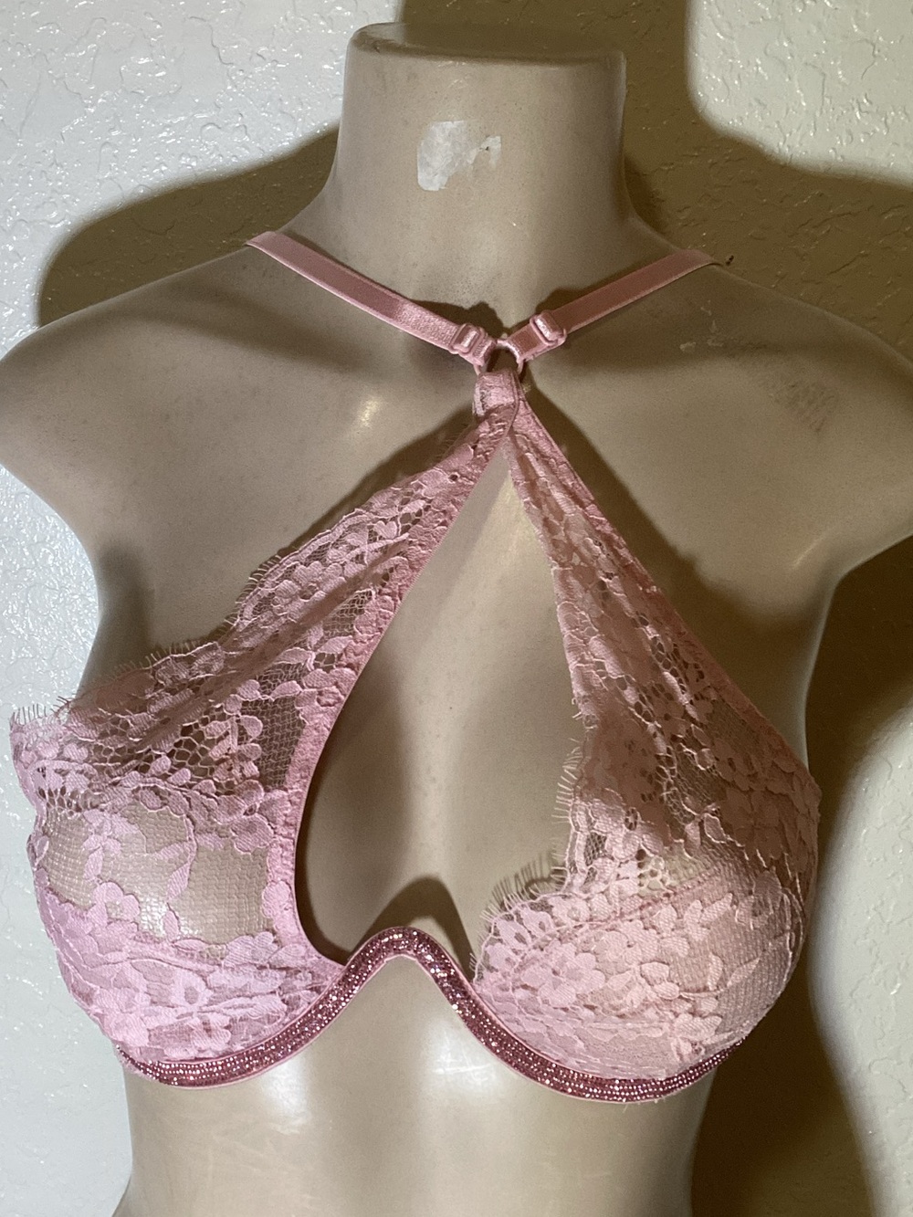 Victoria's Secret Pink Lace Halter Underwire Bralette with Sparkle Trim